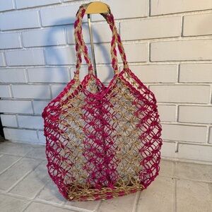 NWT Boho rope bag, double handles, pink and natural color/beach/shopping